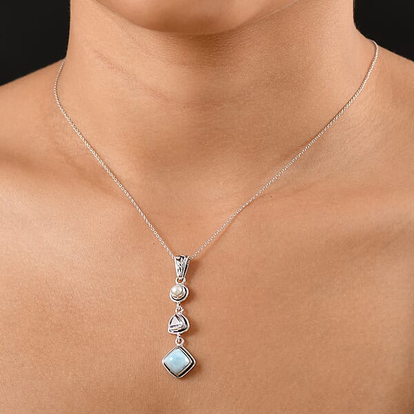 Larimar And Multi Gemstone 2.35 Ctw Pendant Necklace In Rhodium Over Sterling Silver 20 Inches