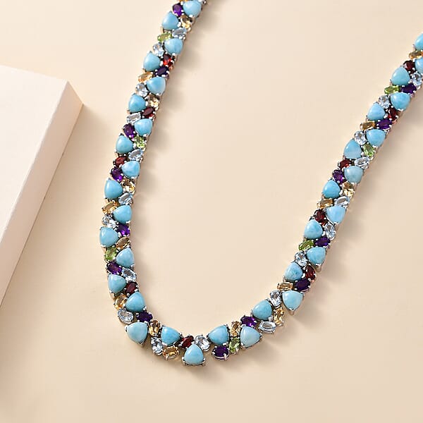 Larimar And Multi Gemstone 89.35 Ctw Zig-Zag Necklace In Platinum Over Sterling Silver 18 Inches