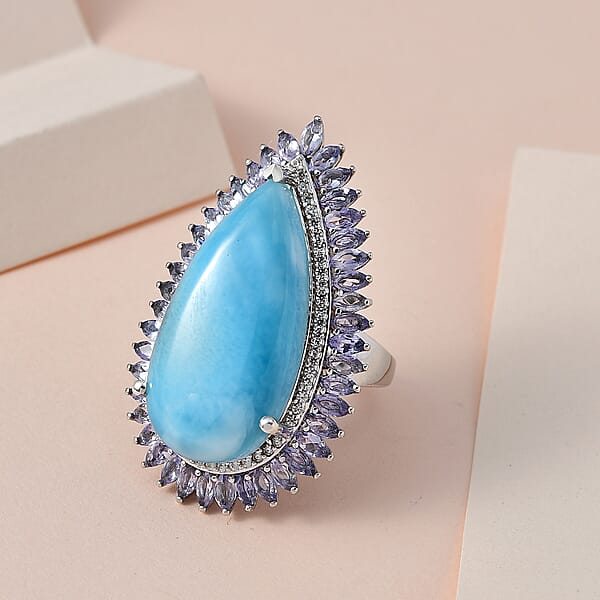 Larimar And Multi Gemstone Double Halo Ring In Platinum Over Sterling Silver 31.75 Ctw