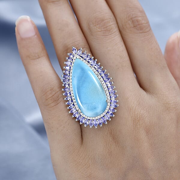 Larimar And Multi Gemstone Double Halo Ring In Platinum Over Sterling Silver 31.75 Ctw