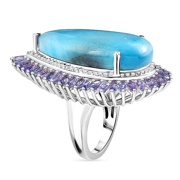 Larimar And Multi Gemstone Double Halo Ring In Platinum Over Sterling Silver 31.75 Ctw