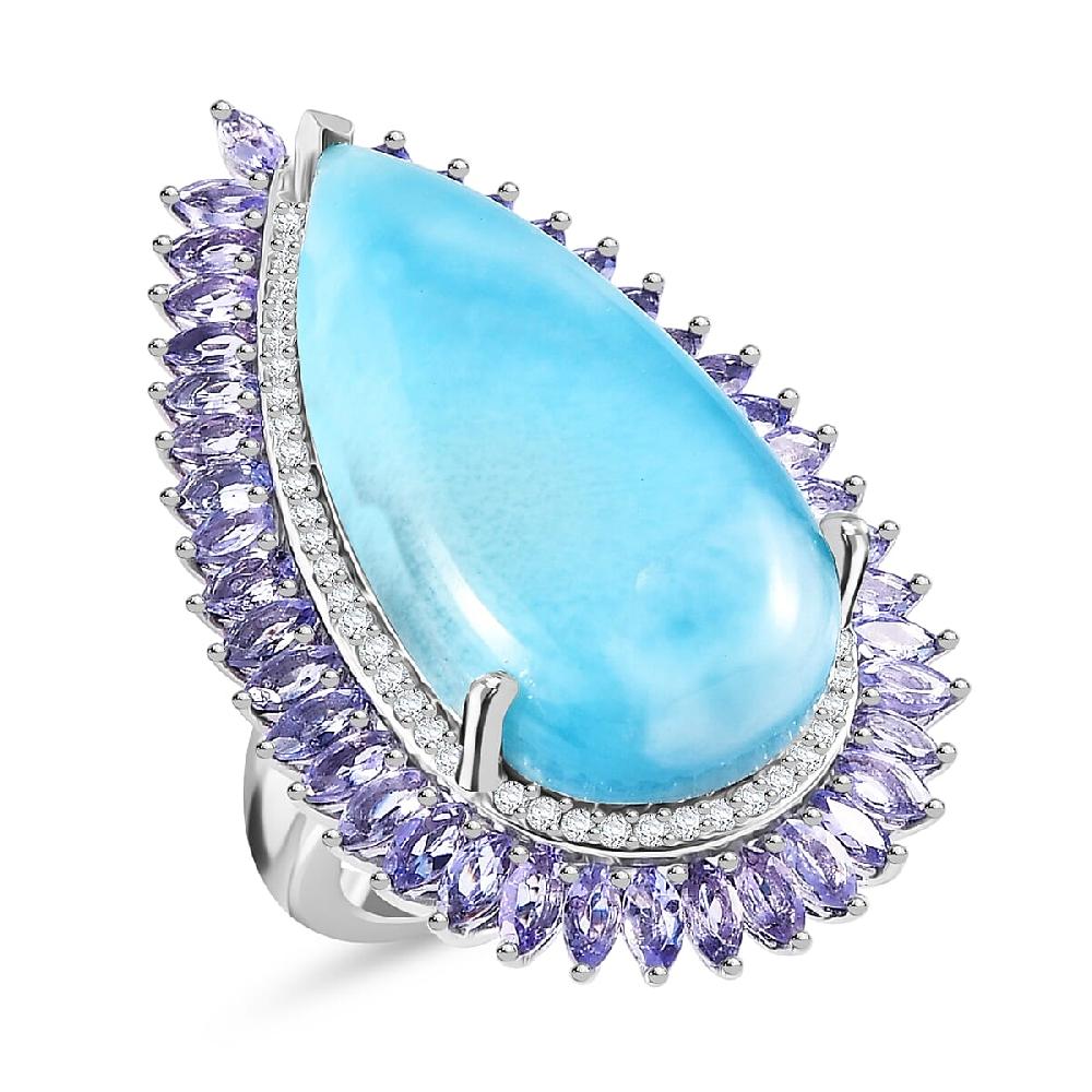 Larimar and Multi Gemstone Double Halo Ring in Platinum Over Sterling Silver 31.75 ctw