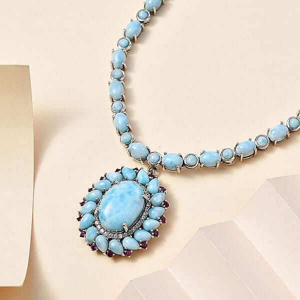 Larimar And Multi Gemstone Flower Necklace 18-20 Inches In Platinum Over Sterling Silver 43.65 Ctw