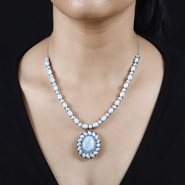 Larimar And Multi Gemstone Flower Necklace 18-20 Inches In Platinum Over Sterling Silver 43.65 Ctw