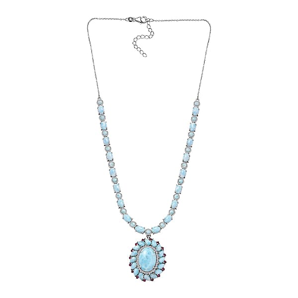 Larimar And Multi Gemstone Flower Necklace 18-20 Inches In Platinum Over Sterling Silver 43.65 Ctw