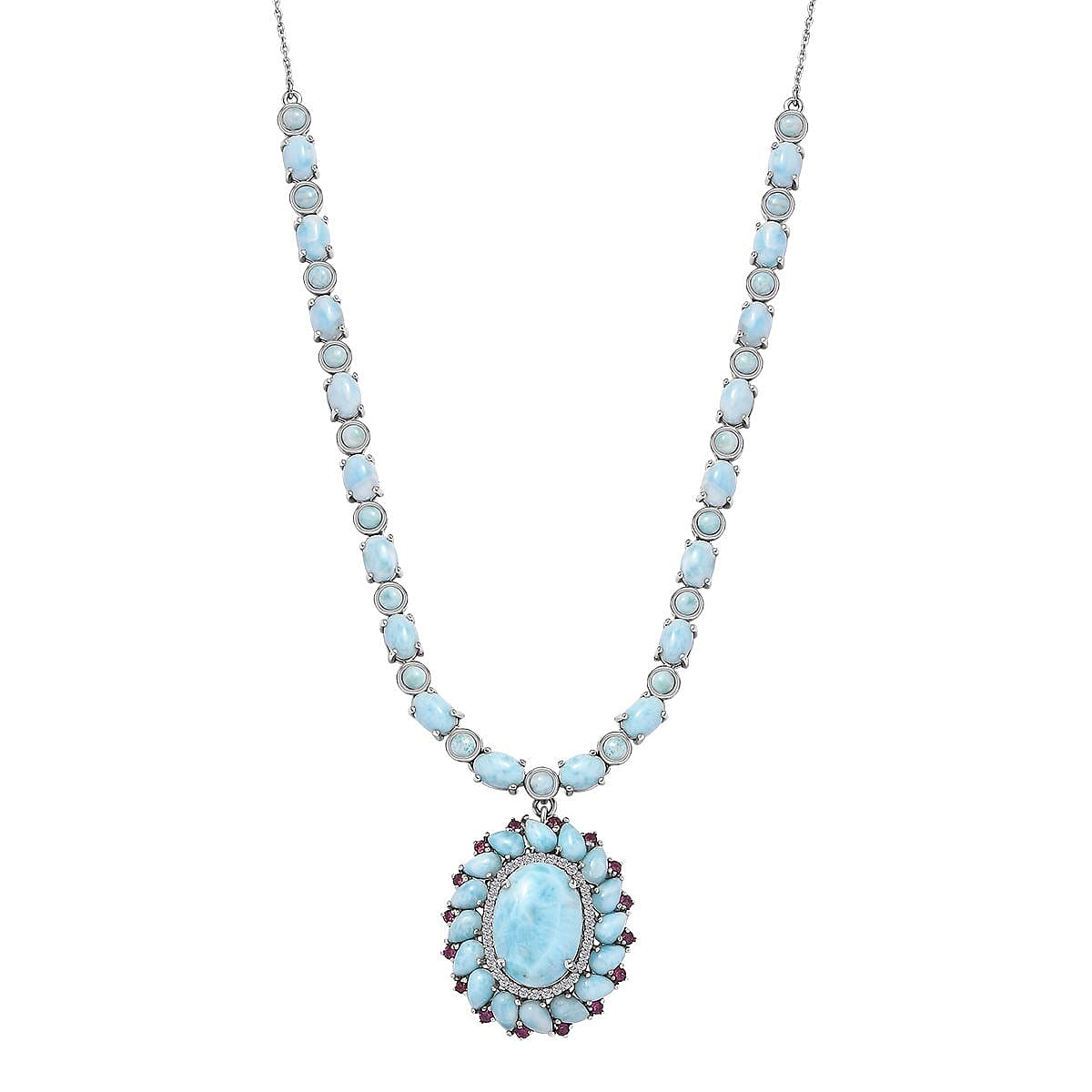Larimar and Multi Gemstone Flower Necklace 18-20 Inches in Platinum Over Sterling Silver 43.65 ctw