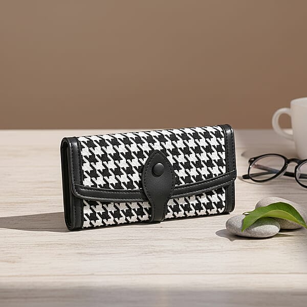 Las Vegas Closeout Deal BY:KY Black Houndstooth Pattern Faux Leather Wallet