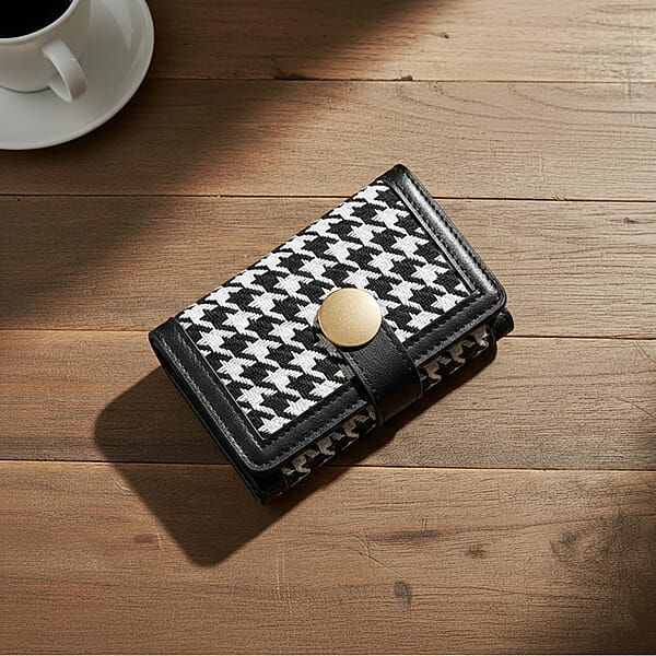 Las Vegas Closeout Deal BY:KY Black Houndstooth Pattern Faux Leather Wallet With Golden Accent