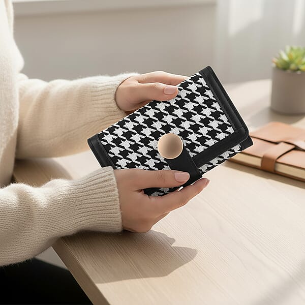 Las Vegas Closeout Deal BY:KY Black Houndstooth Pattern Faux Leather Wallet With Golden Accent
