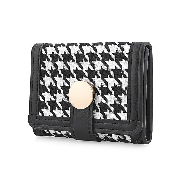 Las Vegas Closeout Deal BY:KY Black Houndstooth Pattern Faux Leather Wallet With Golden Accent