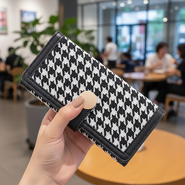 Las Vegas Closeout Deal BY:KY Black Houndstooth Pattern Faux Leather Wallet With Golden Accent