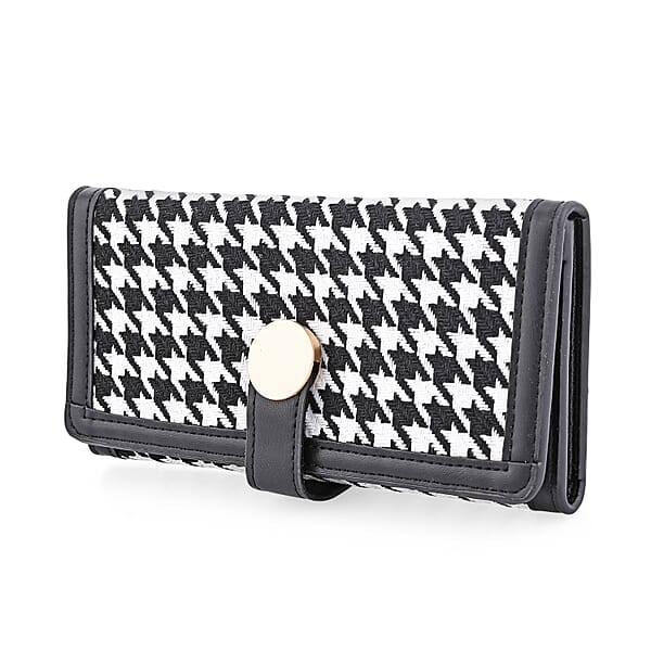 Las Vegas Closeout Deal BY:KY Black Houndstooth Pattern Faux Leather Wallet With Golden Accent