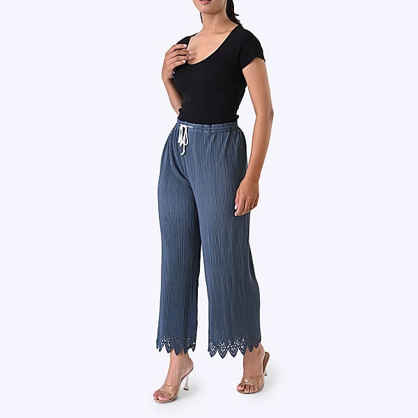 Laser-Cut Hem Pleated Palazzo With Drawstring Waist - Slate Blue