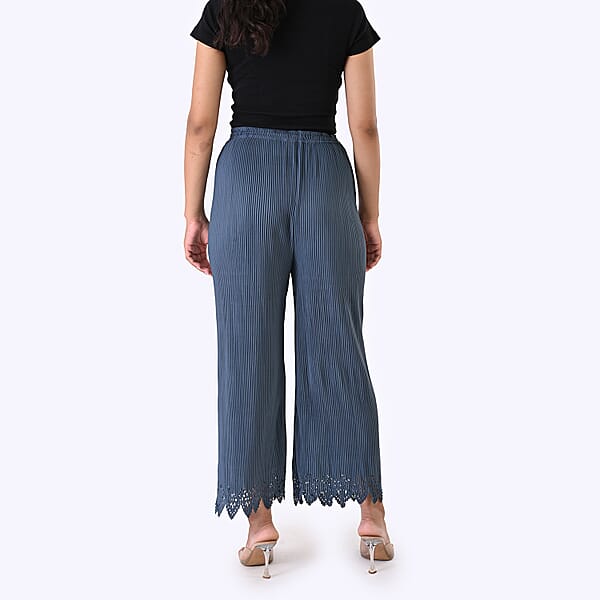 Laser-Cut Hem Pleated Palazzo With Drawstring Waist - Slate Blue