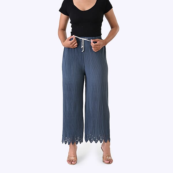 Laser-Cut Hem Pleated Palazzo With Drawstring Waist - Slate Blue