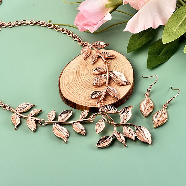 Leaf Earrings And Necklace In Rosetone 22-23 Inches
