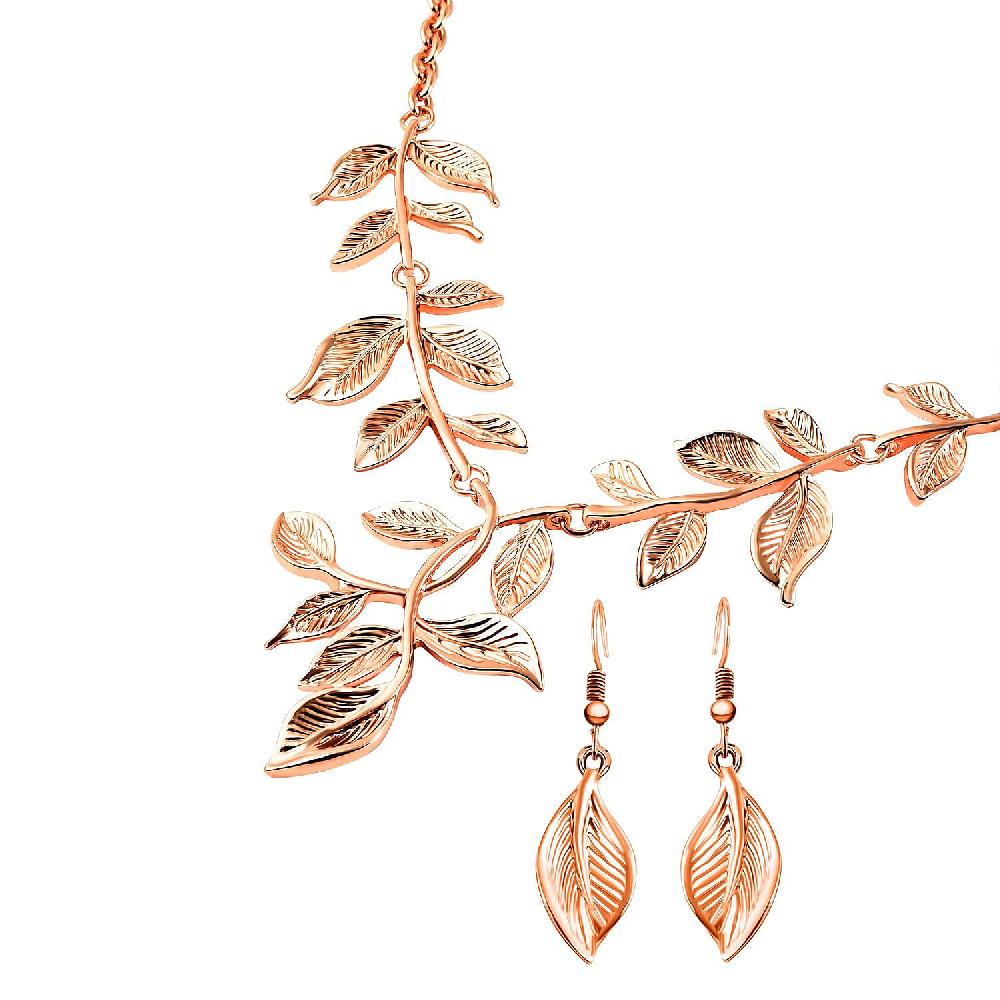 Leaf Earrings and Necklace in Rosetone 22-23 Inches