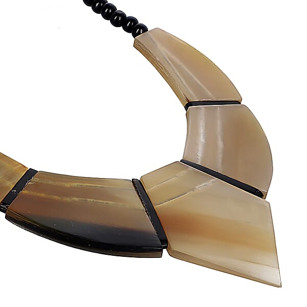 Light Brown Genuine Buffalo Horn Wooden Beaded And Goldtone Necklace 20 Inches