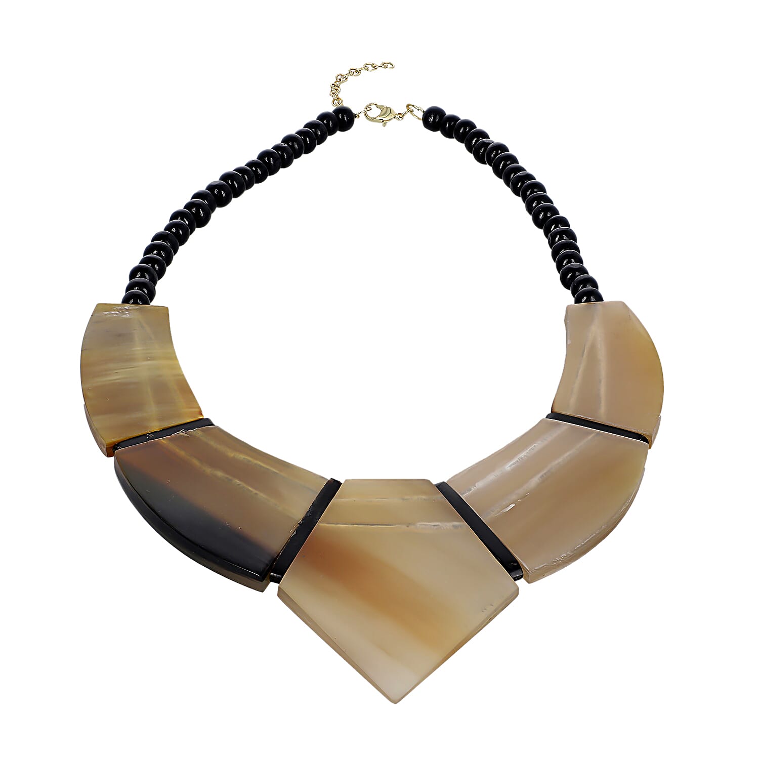 Light Brown Genuine Buffalo Horn Wooden Beaded and Goldtone Necklace 20 Inches