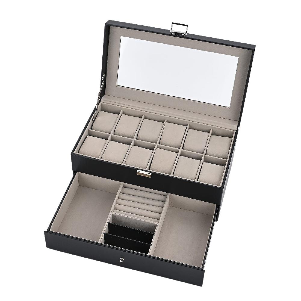 Livemore Black Faux Leather 2 Layer Watch Box with Glass Window