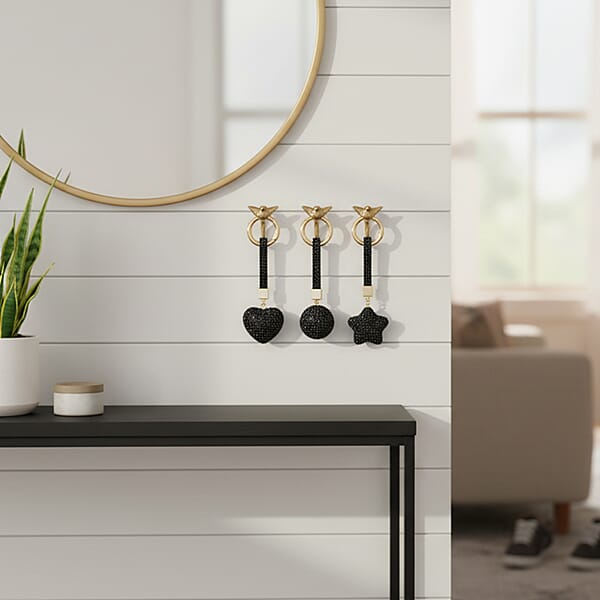 Livmore Black Glass And Crystal 3-piece Set Heart Star And Ball Keychain In Goldtone