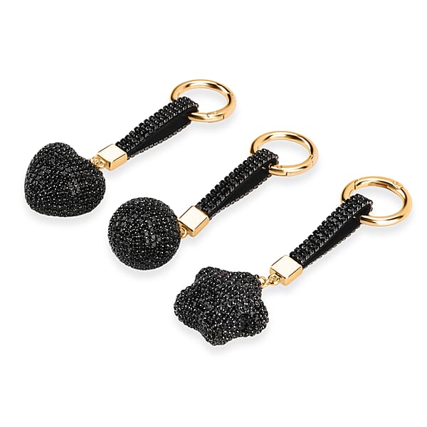 Livmore Black Glass And Crystal 3-piece Set Heart Star And Ball Keychain In Goldtone