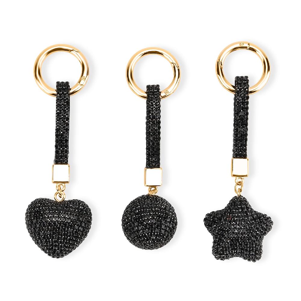 Livmore Black Glass And Crystal 3-piece Set Heart Star And Ball Keychain In Goldtone