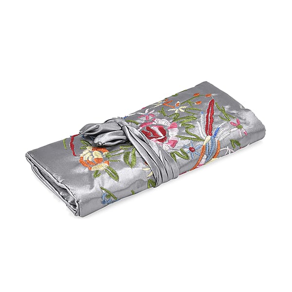 Livmore Gray Floral Embroidery Pattern Satin Travel Jewelry Roll Organizer