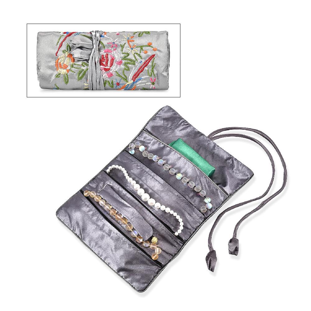 Livmore Gray Floral Embroidery Pattern Satin Travel Jewelry Roll Organizer