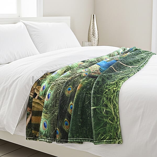 Livmore Green Peacock Pattern Digital Printed Flannel Blanket