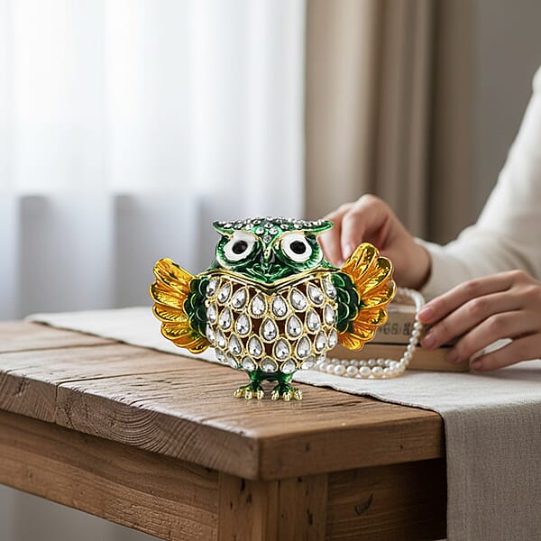 Livmore Multi Color Crystal Enameled Green Owl Trinket Box In Goldtone