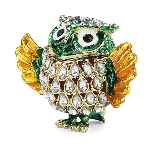 Livmore Multi Color Crystal Enameled Green Owl Trinket Box In Goldtone
