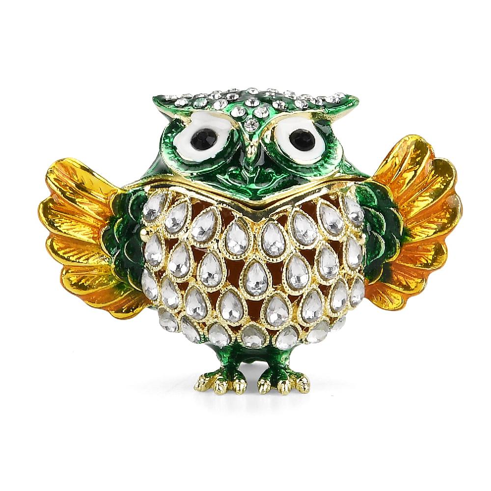 Livmore Multi Color Crystal Enameled Green Owl Trinket Box in Goldtone