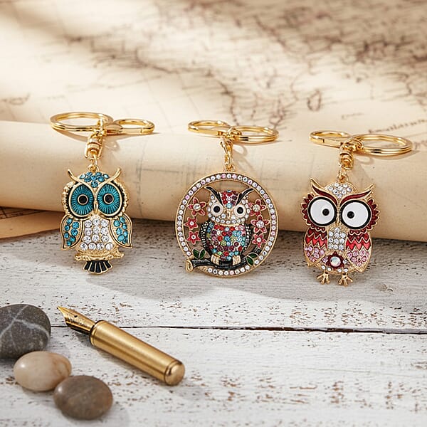 Livmore Multi Color Glass And Crystal 3-piece Set Owl Keychain