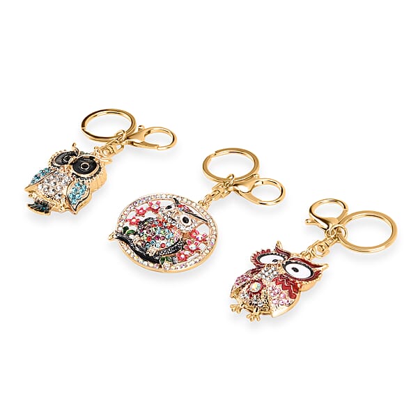Livmore Multi Color Glass And Crystal 3-piece Set Owl Keychain