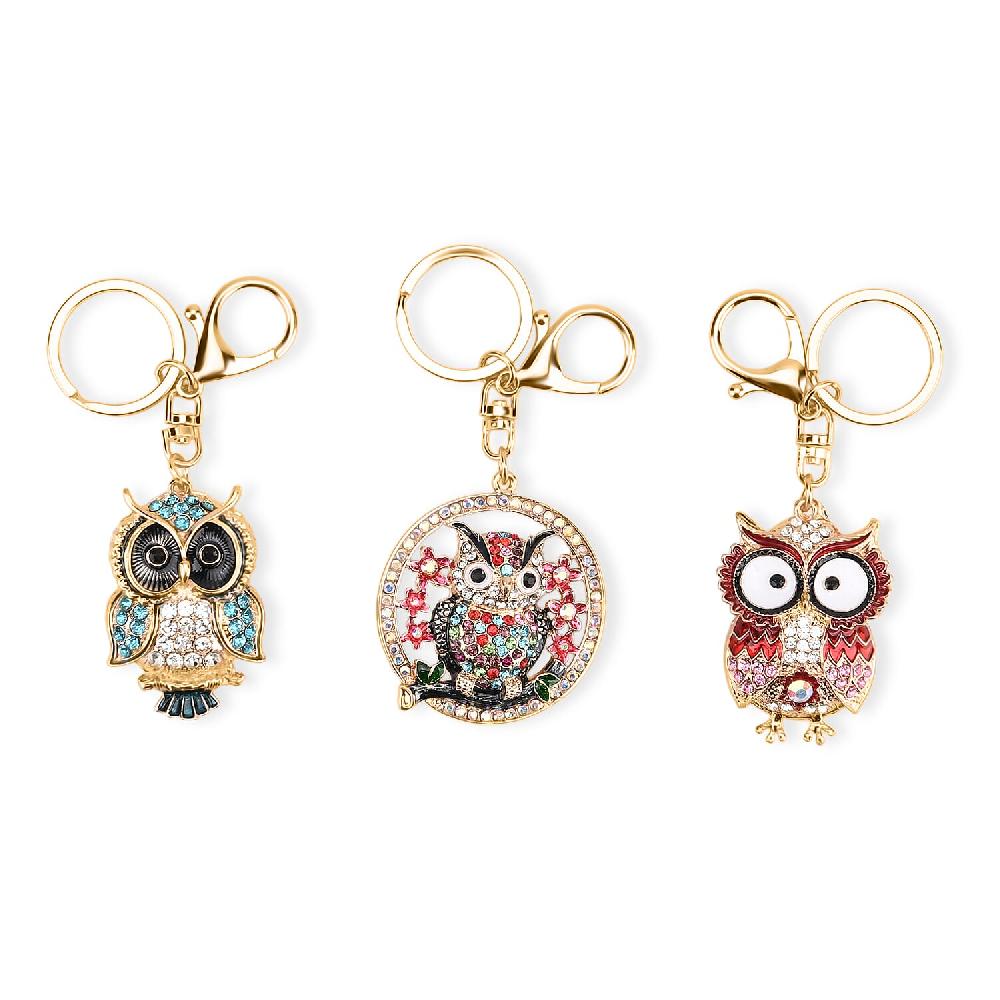 Livmore Multi Color Glass and Crystal 3-piece Set Owl Keychain