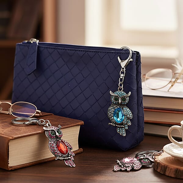 Livmore Multi Color Glass And Crystal Set Of 3 Owl Keychain In Goldtone