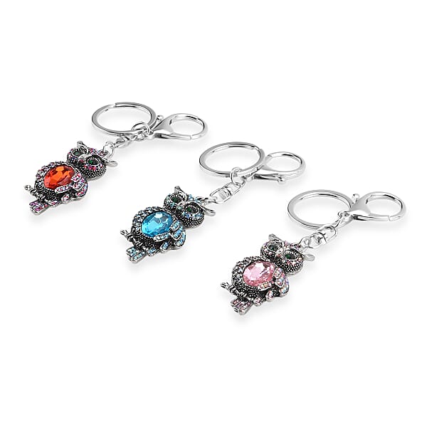Livmore Multi Color Glass And Crystal Set Of 3 Owl Keychain In Goldtone