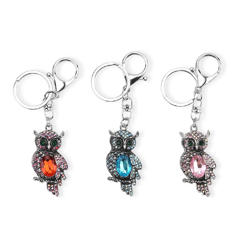 Livmore Multi Color Glass and Crystal Set of 3 Owl Keychain in Goldtone