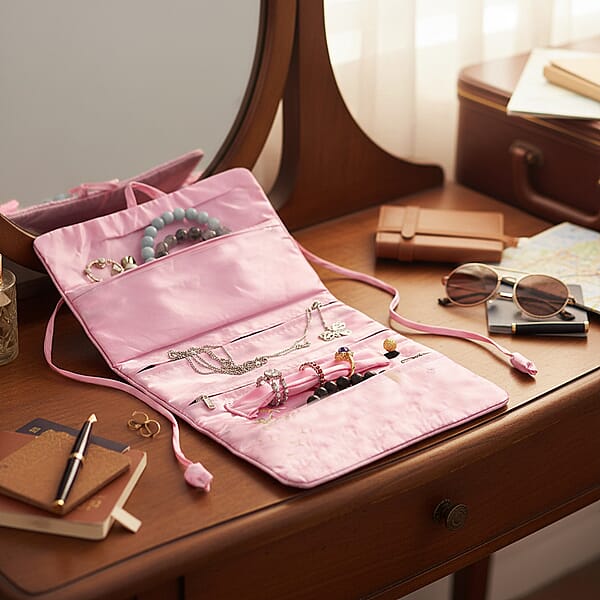 Livmore Pink Floral Embroidery Pattern Satin Travel Jewelry Roll Organizer