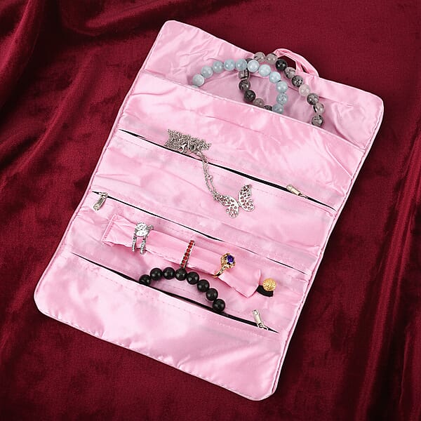 Livmore Pink Floral Embroidery Pattern Satin Travel Jewelry Roll Organizer