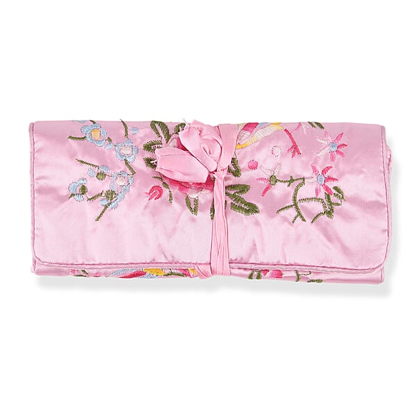 Livmore Pink Floral Embroidery Pattern Satin Travel Jewelry Roll Organizer