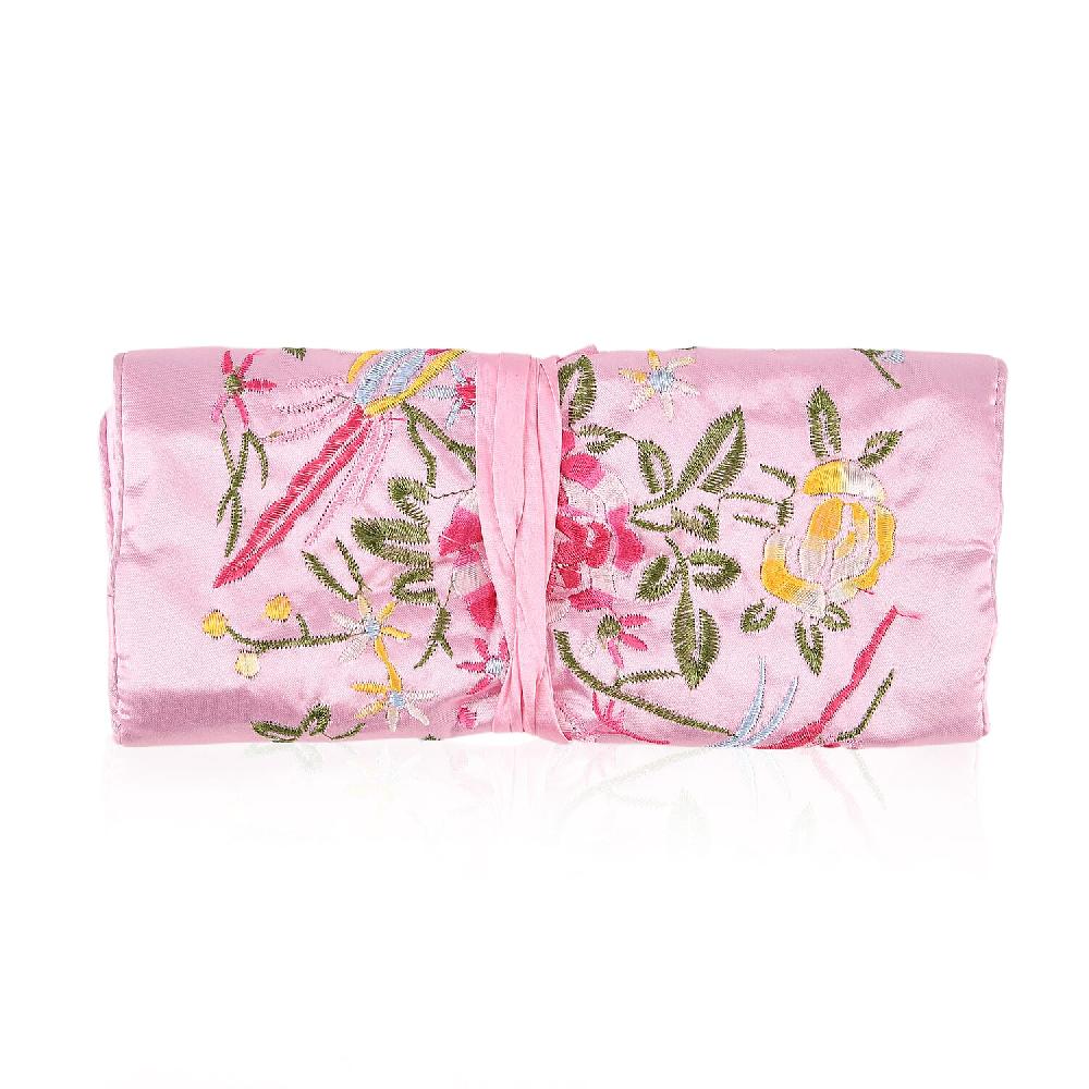 Livmore Pink Floral Embroidery Pattern Satin Travel Jewelry Roll Organizer