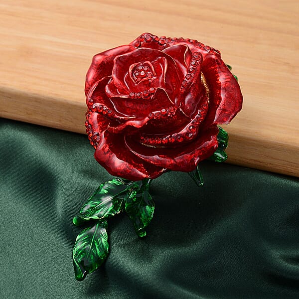Livmore Red Austrian Crystal Enameled Rose Trinket Box In Goldtone