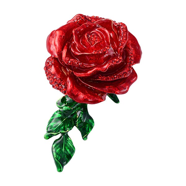 Livmore Red Austrian Crystal Enameled Rose Trinket Box In Goldtone