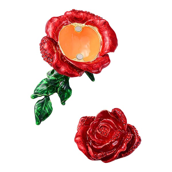Livmore Red Austrian Crystal Enameled Rose Trinket Box In Goldtone