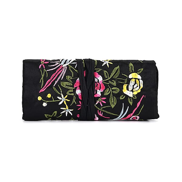 Livmore Royal Black Floral Embroidery Pattern Satin Travel Jewelry Roll Organizer