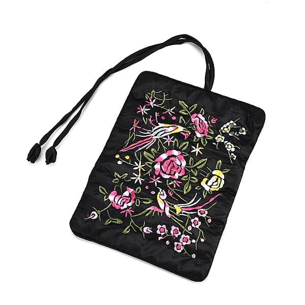 Livmore Royal Black Floral Embroidery Pattern Satin Travel Jewelry Roll Organizer