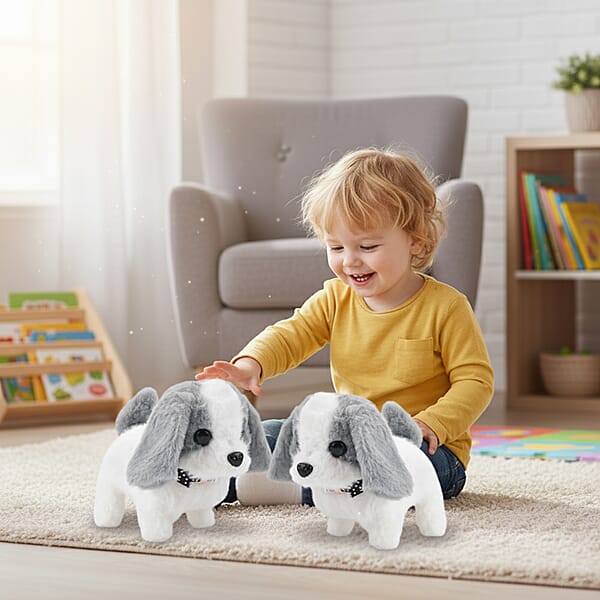 Livmore Set Of 2 Pcs Grey Electric Walking Plush Dog Toy (2xAA Battery Not Included)