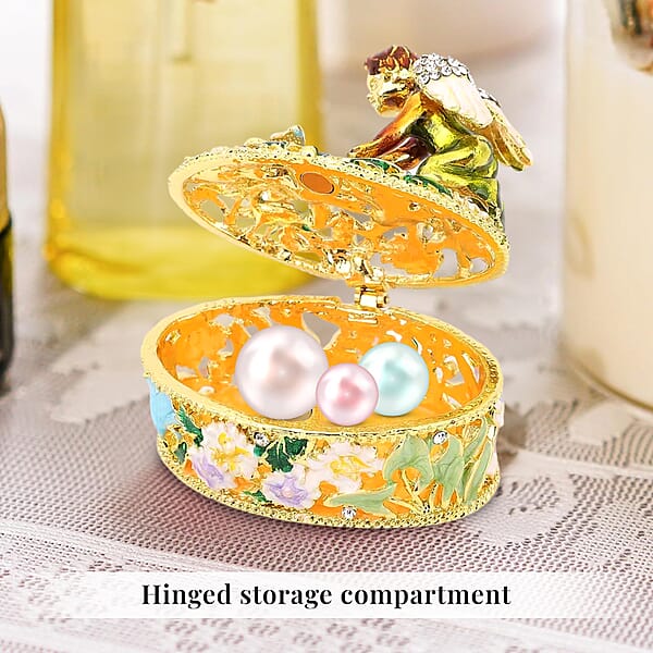 Livmore White Austrian Crystal Enameled Angel Trinket Box In Goldtone